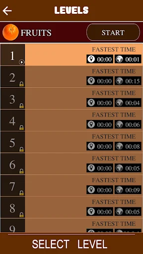 Fruits category level selection screen showing 9 numbered levels with completion times and locked/unlocked status indicators