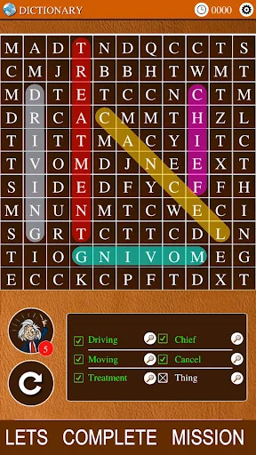 Word Search puzzle grid showing letter matrix with found words highlighted and mission objectives at bottom for Dictionary mode