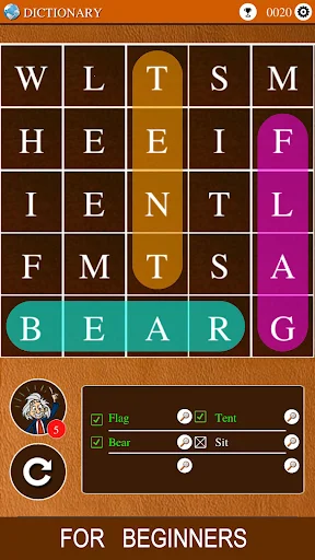 Beginner Word Search puzzle with 5x5 grid showing highlighted words BEAR, FLAG, TENT and word list with checkmarks