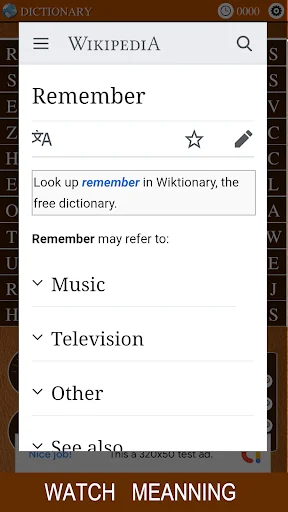 Dictionary feature displaying Wikipedia definition for 'Remember' with expandable sections for Music, Television, Other