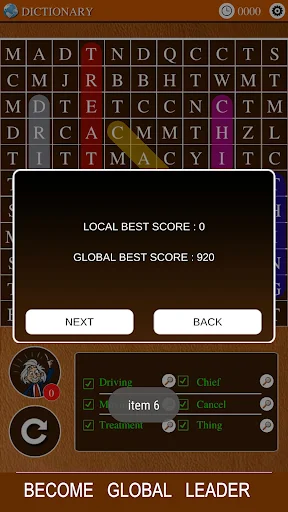 Word Search completion screen showing Local Best Score 0, Global Best Score 920 with Next and Back navigation buttons